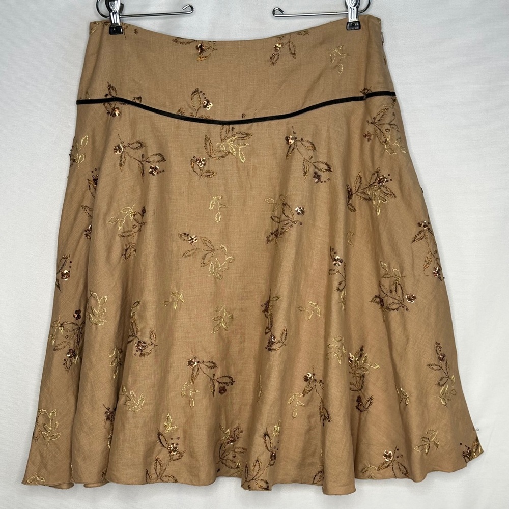Nine West‎ Skirt Beige Brown Floral Flare Side Zip Lined Embellished Linen Sz 12